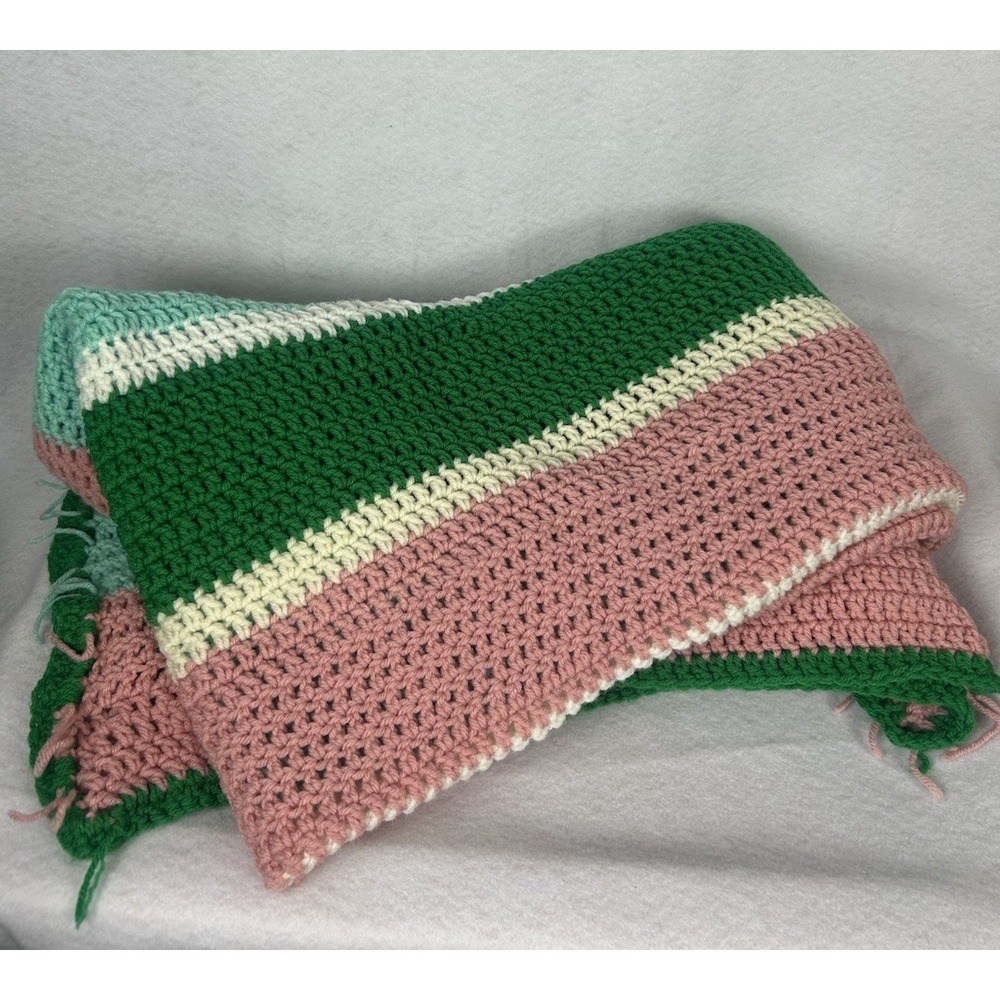 VTG Handmade 70's Crochet Afghan Blanket Green Pink Cream Blue 62x42 Fringe